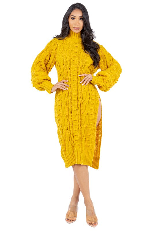 Yellow Side Slit Sweater Dress