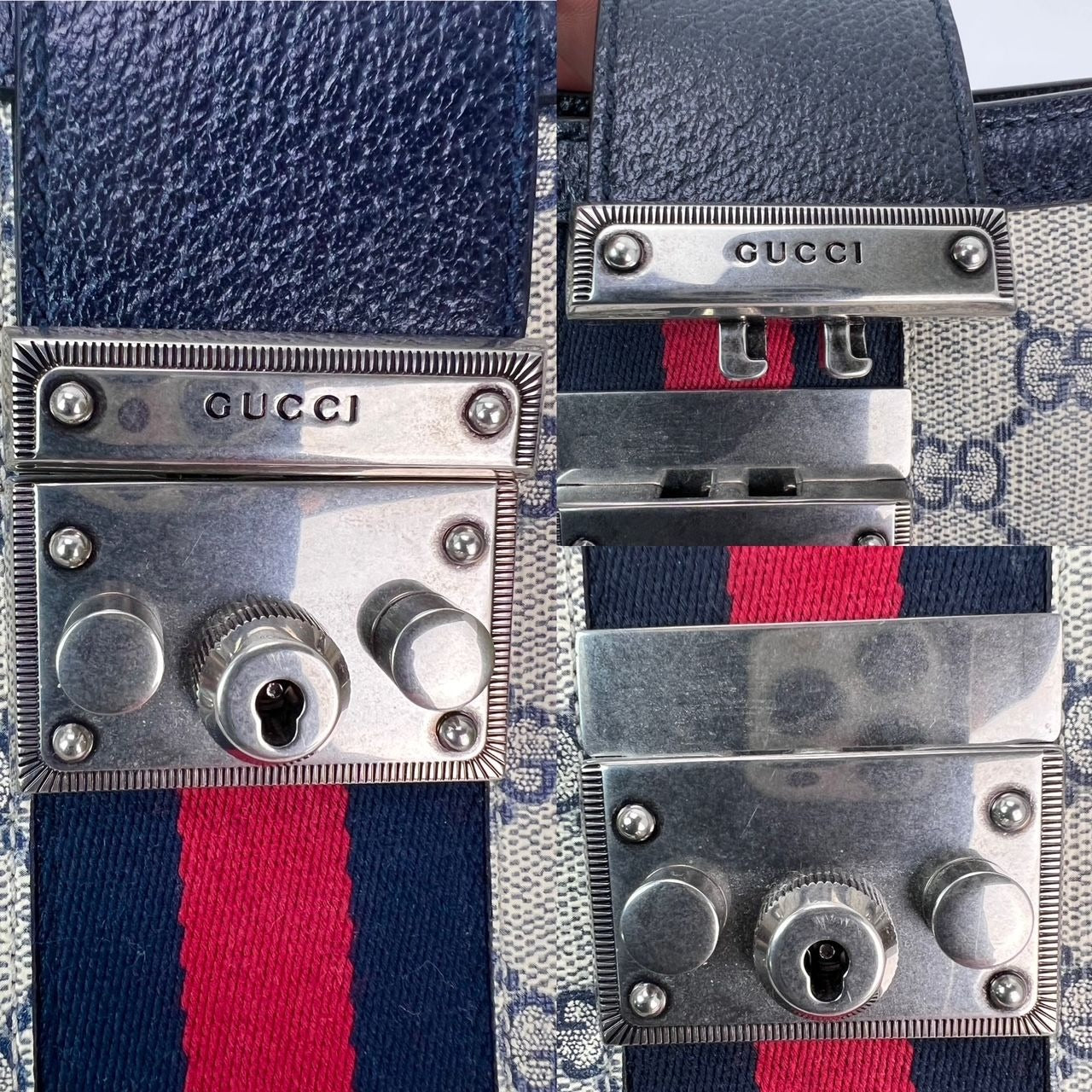 Gucci GG Supreme Dollar Calfskin Web Small Padlock Navy Tote