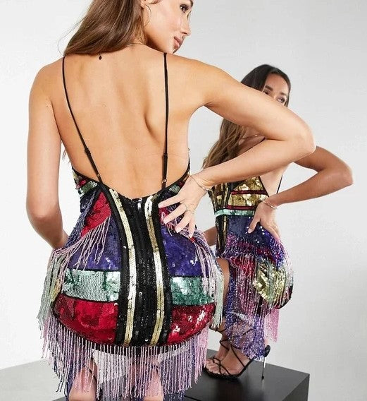 ASOS EDITION Sequin Mini Fringe Embellished Dress Size 8 Medium