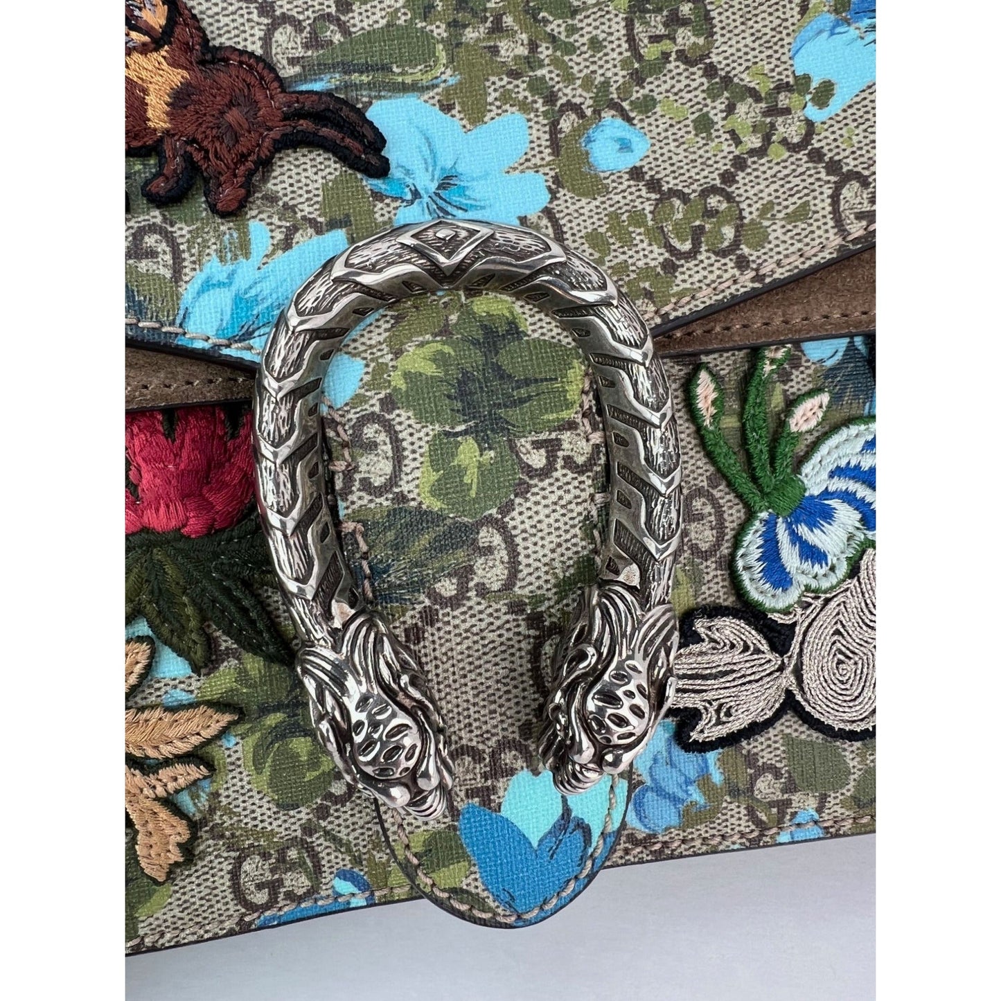 Gucci GG Supreme Blooms Print Embroidered Medium Dionysus Shoulder Bag Blue Taupe