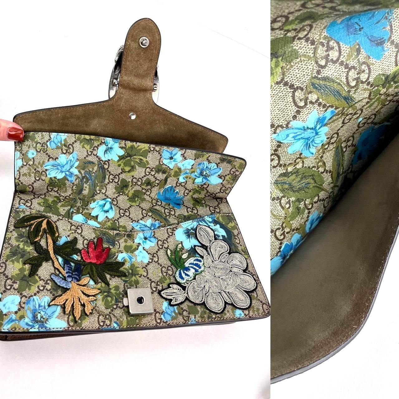 Gucci GG Supreme Blooms Print Embroidered Medium Dionysus Shoulder Bag Blue Taupe