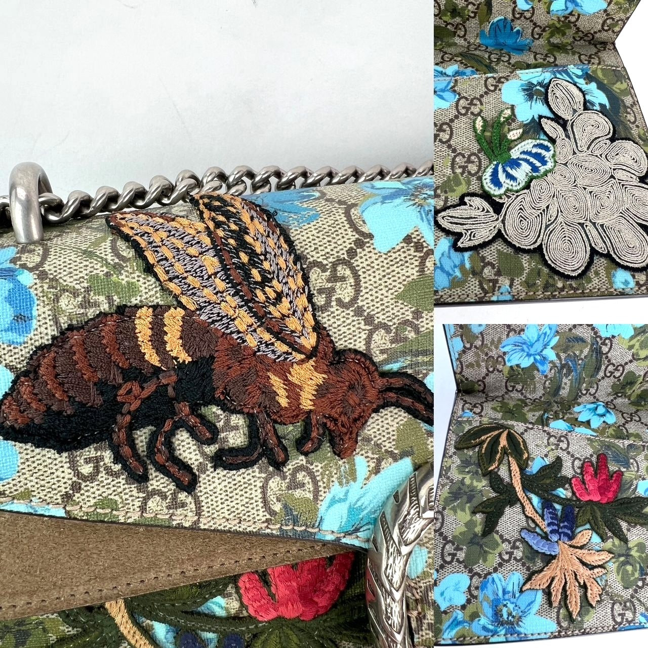 Gucci GG Supreme Blooms Print Embroidered Medium Dionysus Shoulder Bag Blue Taupe