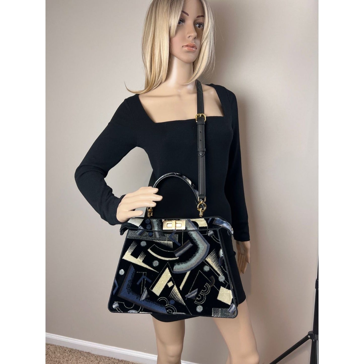 Fendi Peekaboo I see u Medium Printed Velvet Black Blue Satchel Shoulder Bag