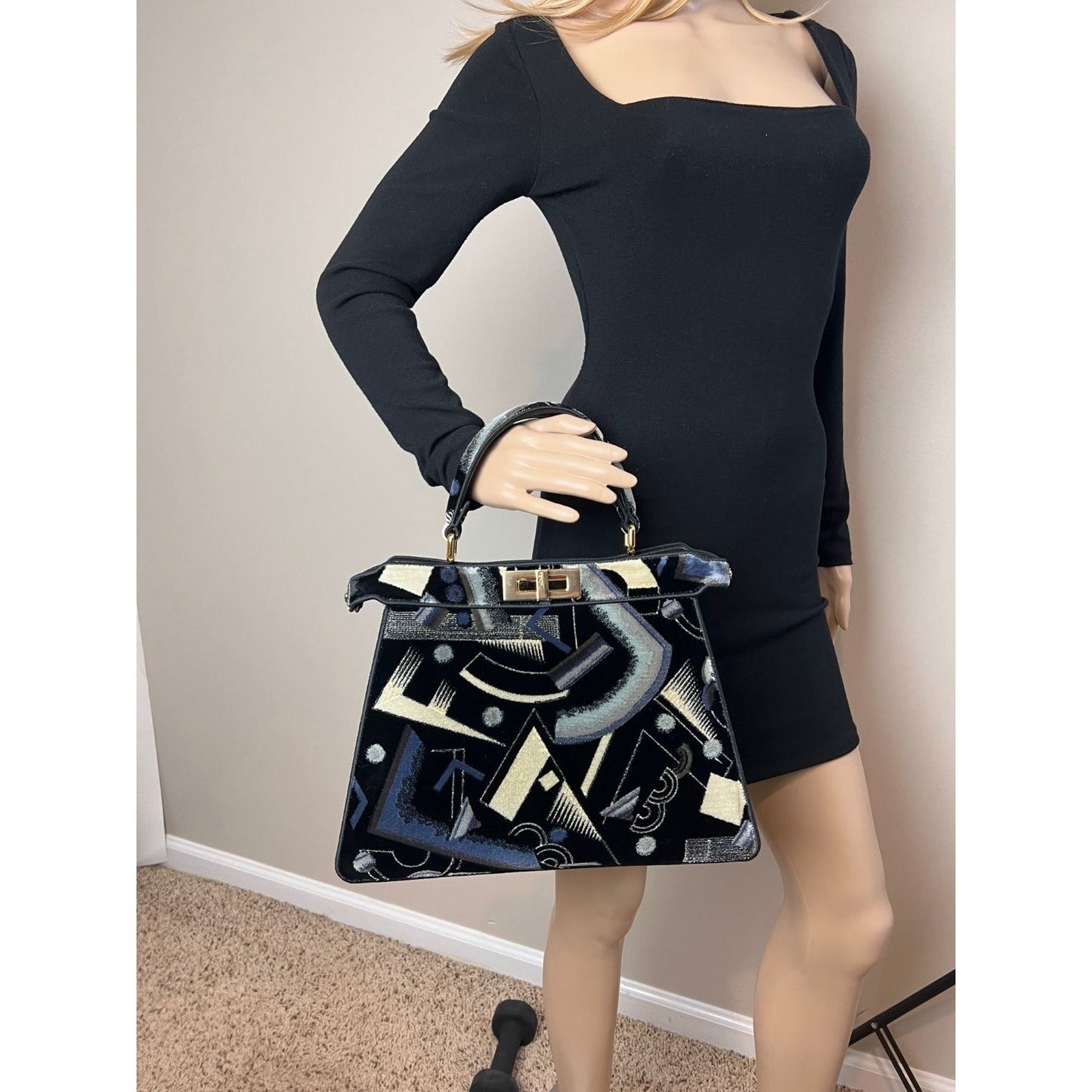 Fendi Peekaboo I see u Medium Printed Velvet Black Blue Satchel Shoulder Bag