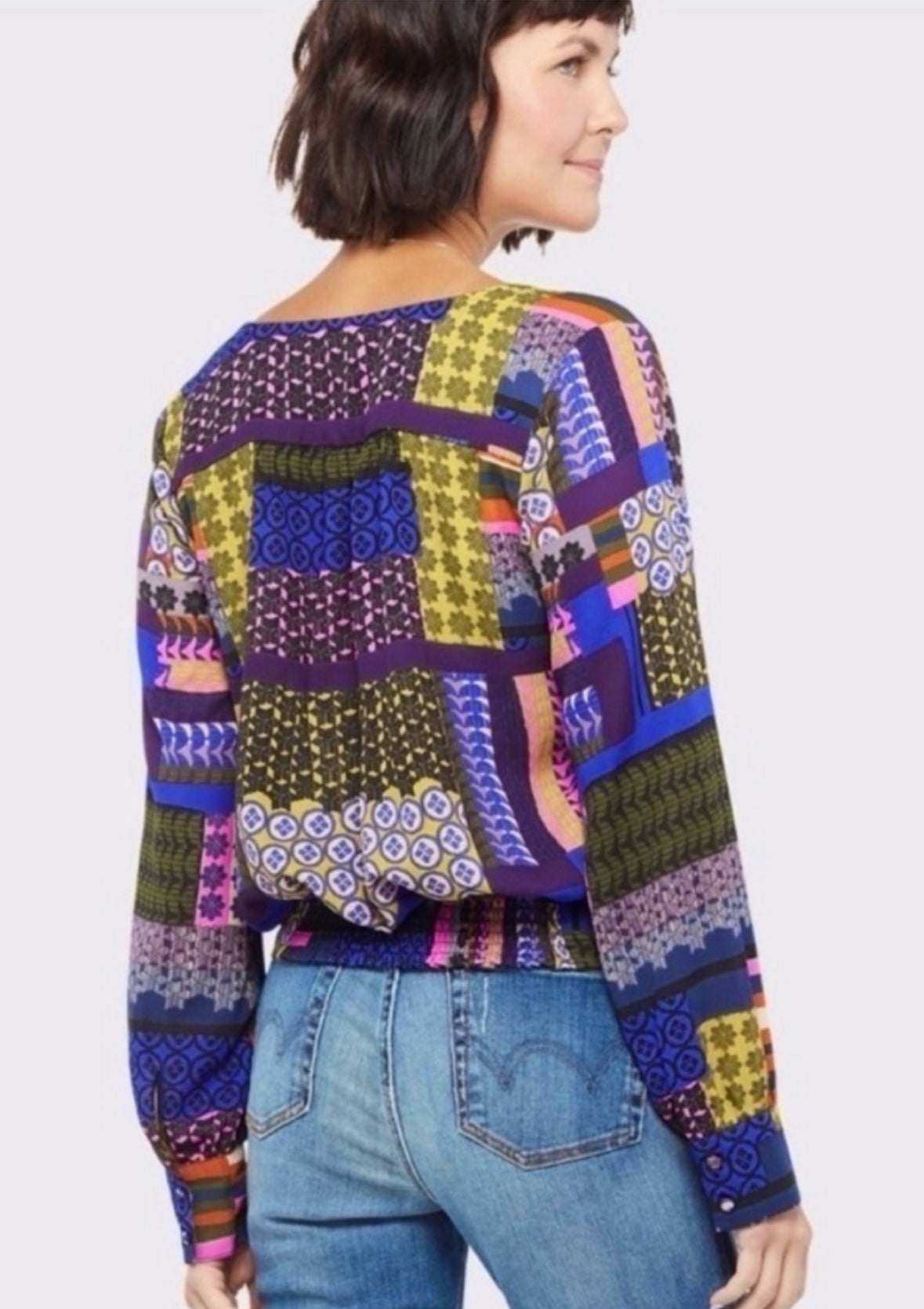 Peyton Jensen Evereve Cora Patchwork V-Neck Tie Long Sleeves Wrap Top Size Large
