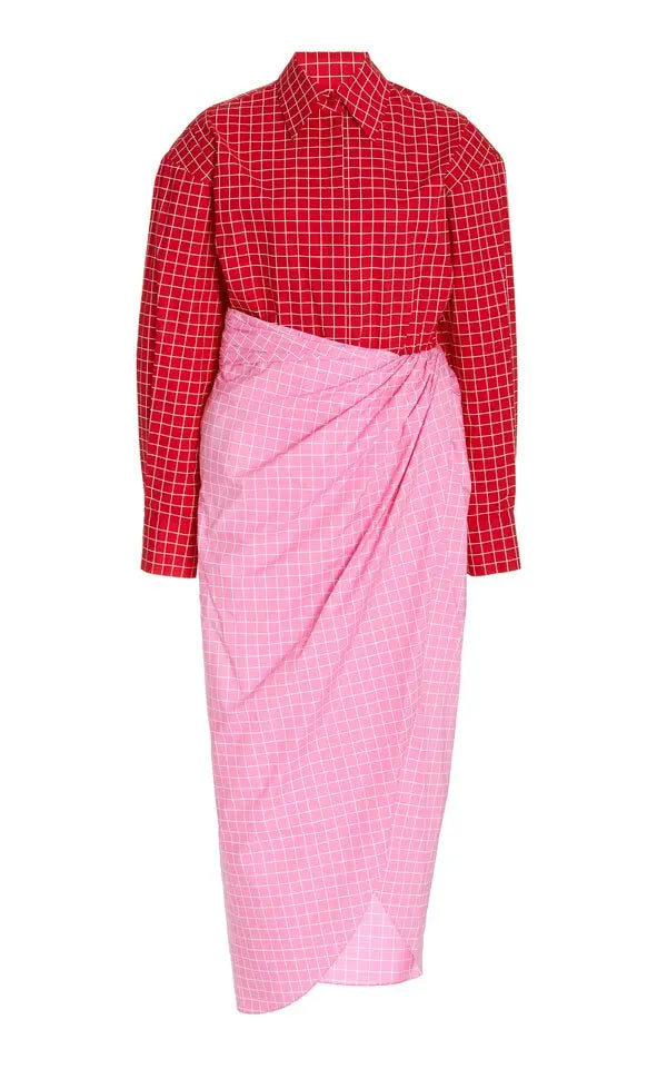 Brandon Maxwell Red Pink Colorblock Windowpane Cotton Shirt Dress Size 2