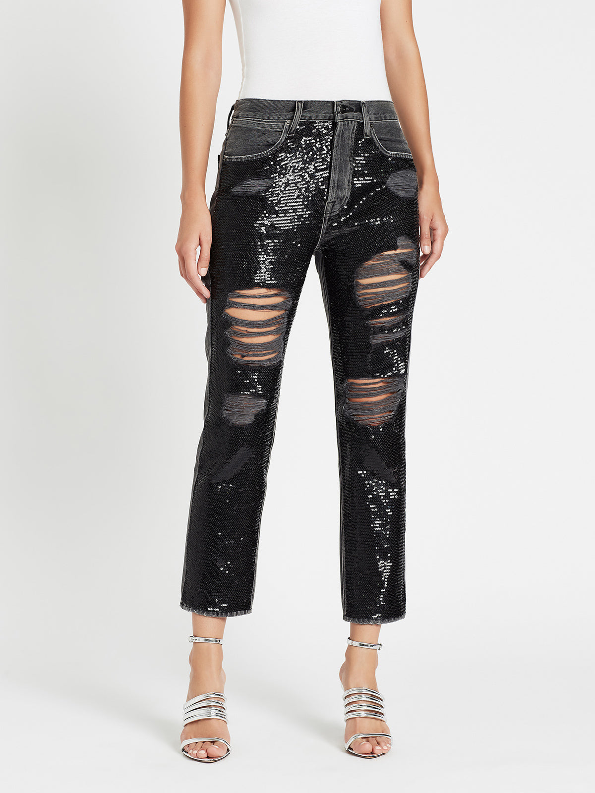 Frame High-rise Sequined Straight-leg Jeans In Basque Rips