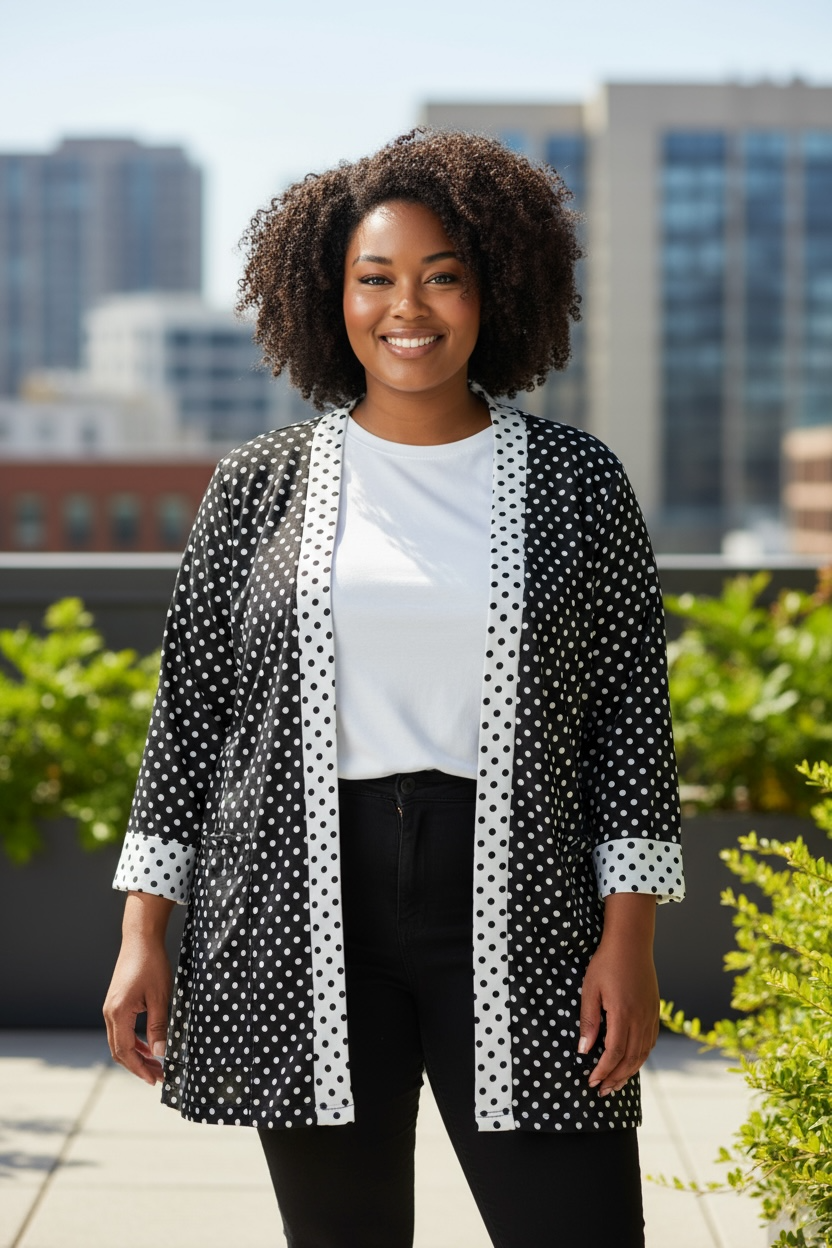 Leslie Fay Black White Polka Dot Open Front Jacket XLarge