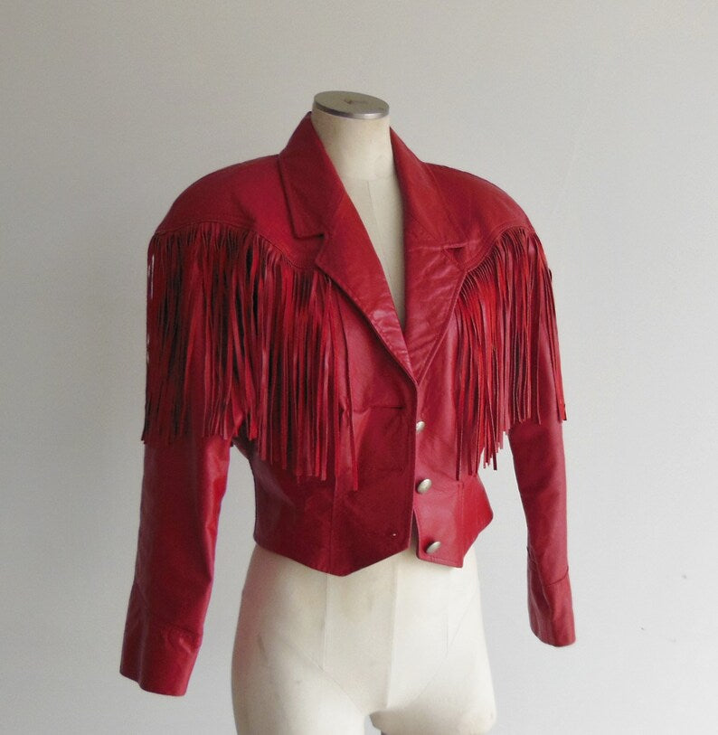 Pioneer Wear Red Leather Fringe Jacket Size Medium