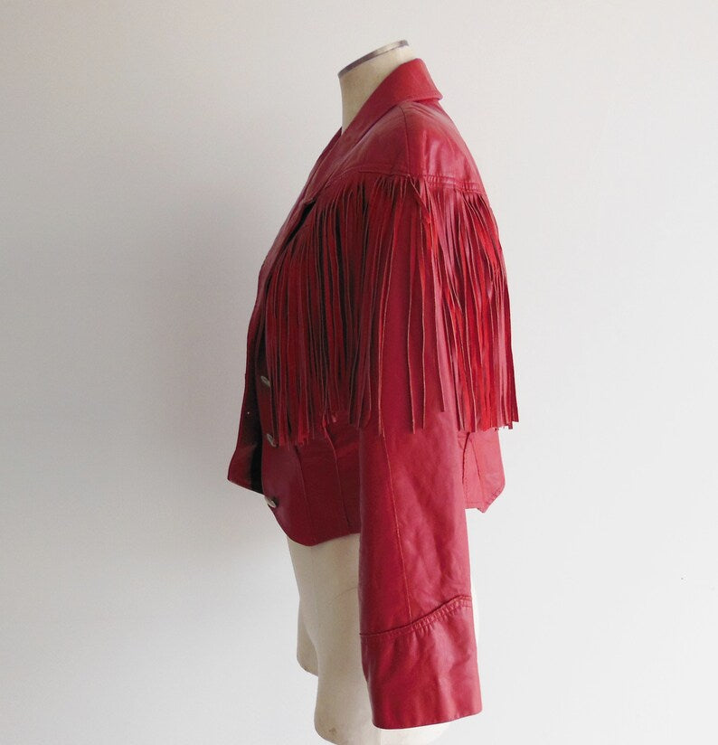 Pioneer Wear Red Leather Fringe Jacket Size Medium