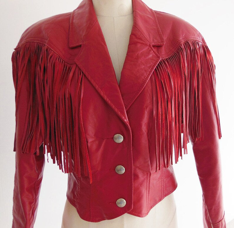 Pioneer Wear Red Leather Fringe Jacket Size Medium