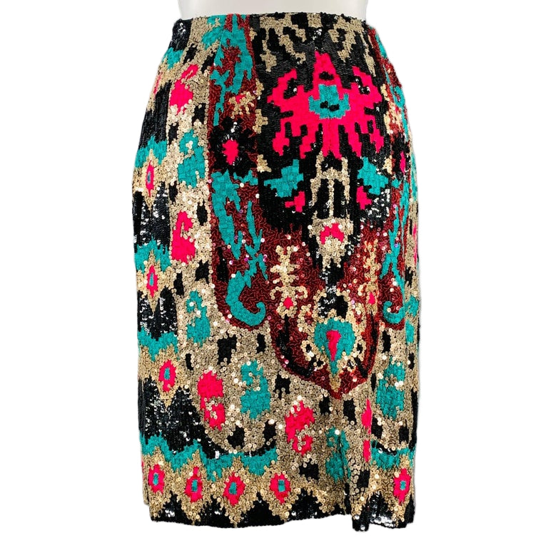 Naeem Khan Black Pink Green Sequined Pencil Below Knee Skirt Size 8