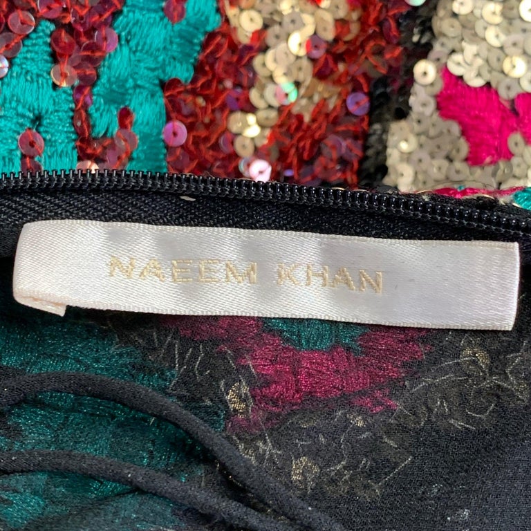 Naeem Khan Black Pink Green Sequined Pencil Below Knee Skirt Size 8