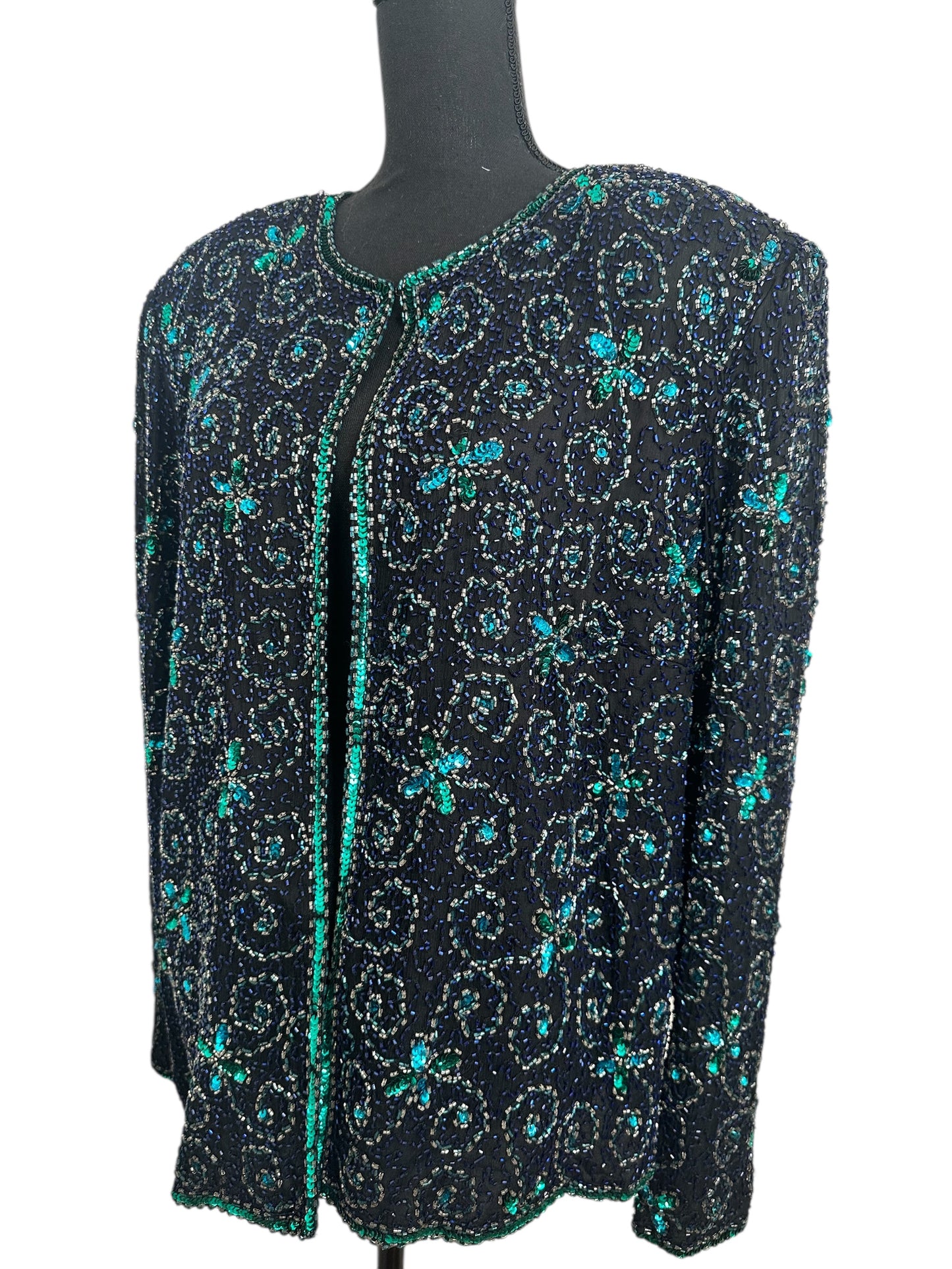 Blue Green Sequin Open Front Jacket Size Large/XLarge