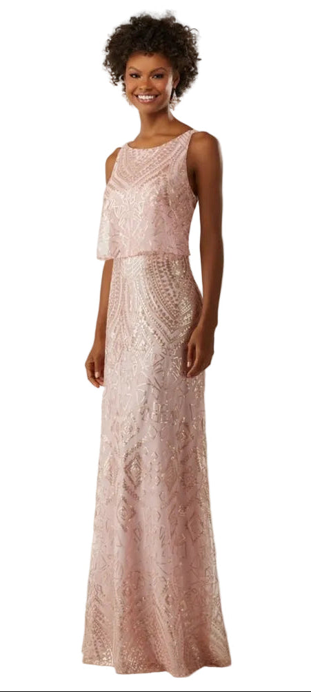 Mori Lee 21514 Blush Rose Gold Art Deco Gown Size 12