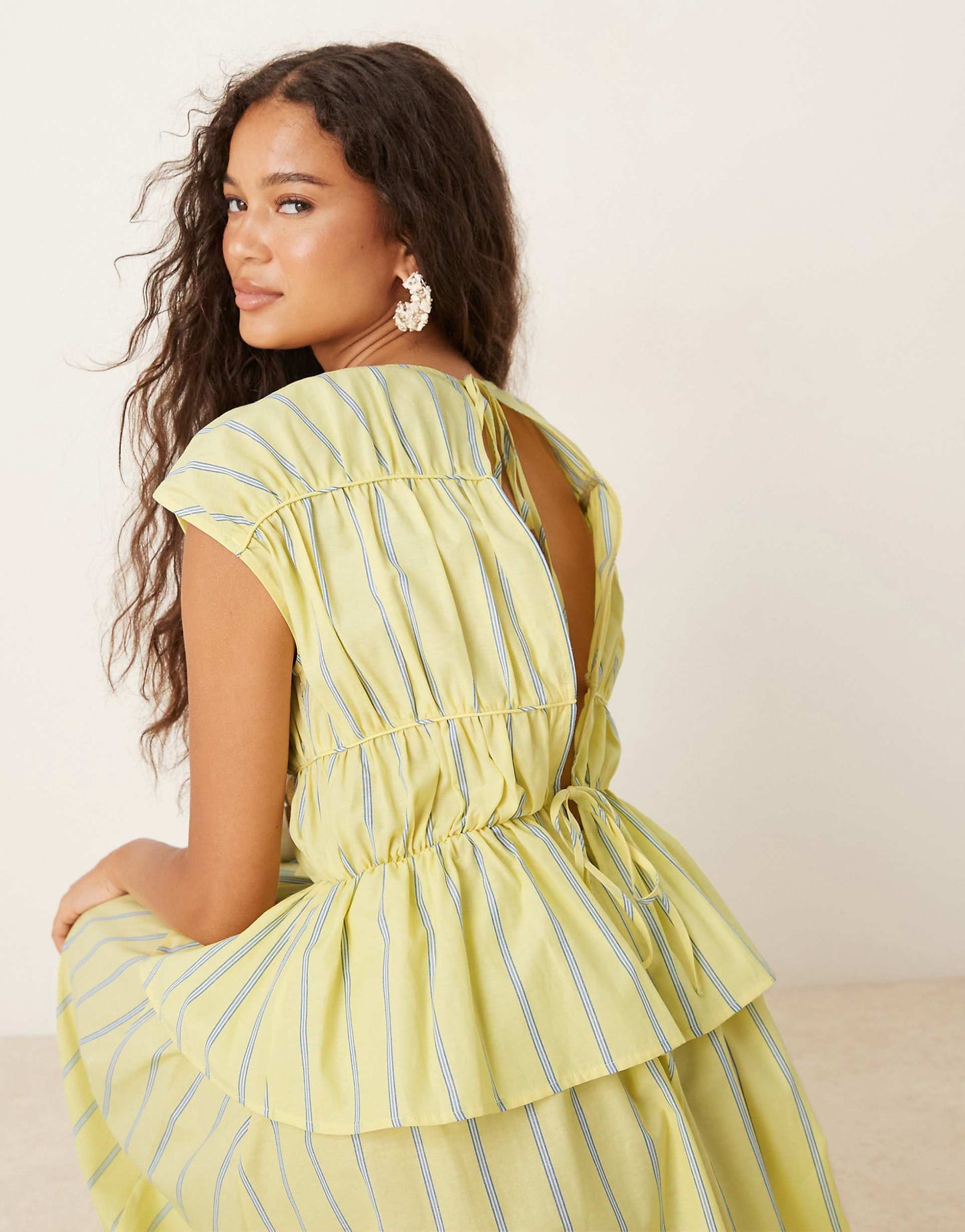 ASOS DESIGN Ruched Panelled Midi Yellow Striped Dress Size 14