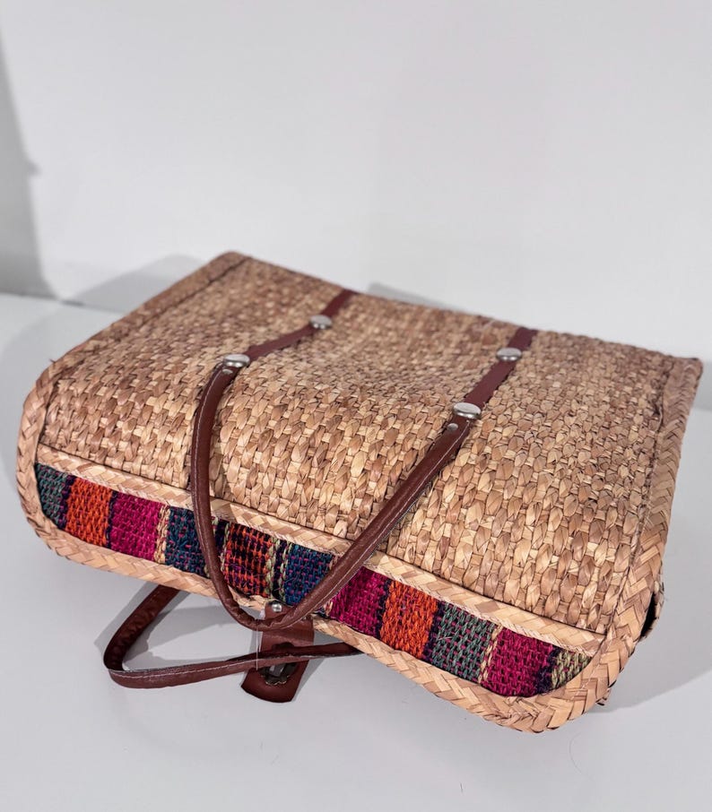 Vintage Woven Straw Tote Bag Bohemian Textile Beach Bag