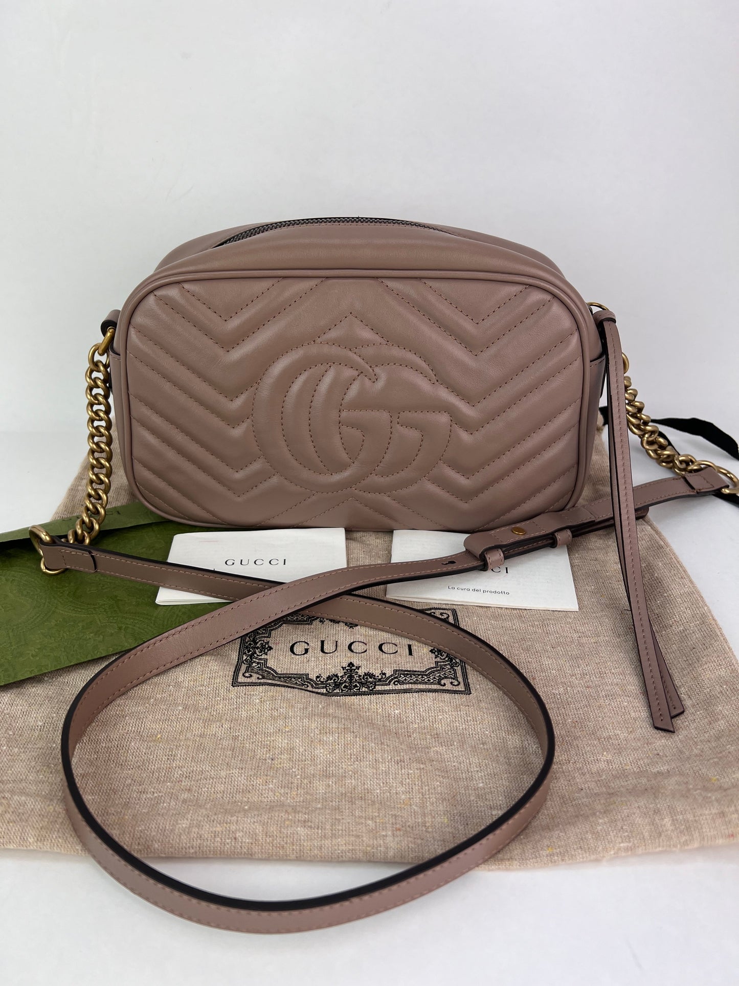 Gucci GG Marmont Small Chain Beige Matelasse Leather Crossbody Bag