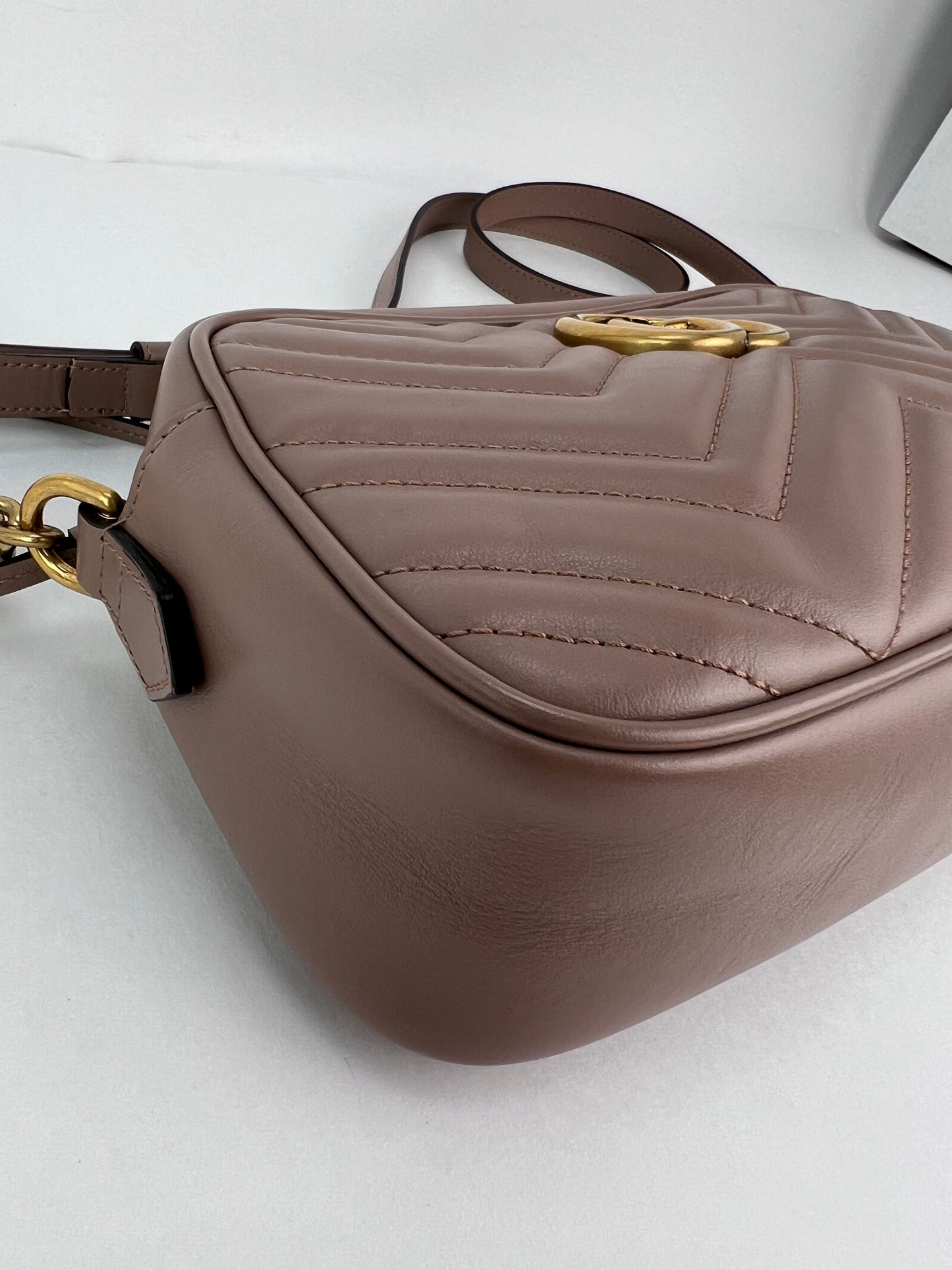 Gucci GG Marmont Small Chain Beige Matelasse Leather Crossbody Bag