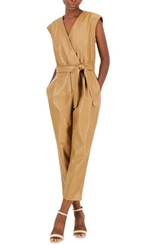 INC International Concepts Brown Faux Leather Jumpsuit Size XLarge