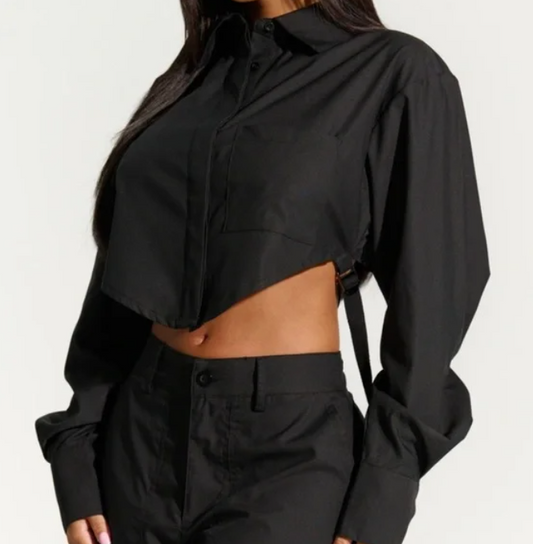 Naked Wardrobe Black Back In A Strap Long Sleeve Crop Shirt Size Large