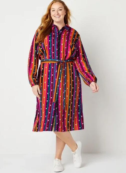 Abbott Elementary Pink Stripe Dot Multi Color Long Sleeve Button Dress Size Small