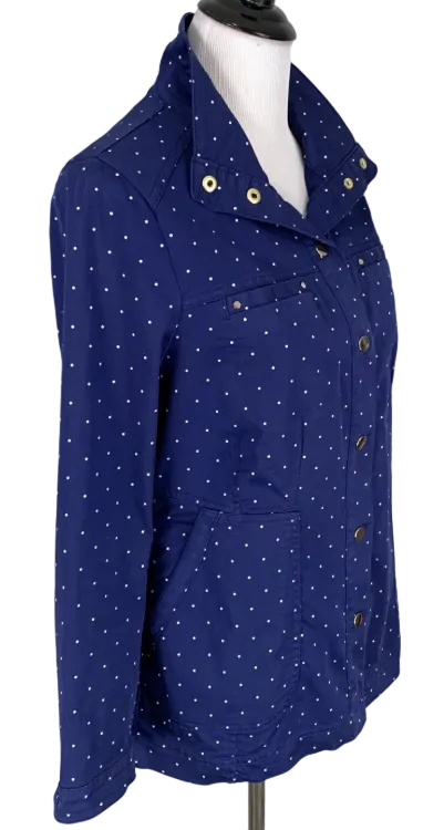 CHICOS Blue White Polka Dot Snap Button Coat Jacket Size 2 (US Large)
