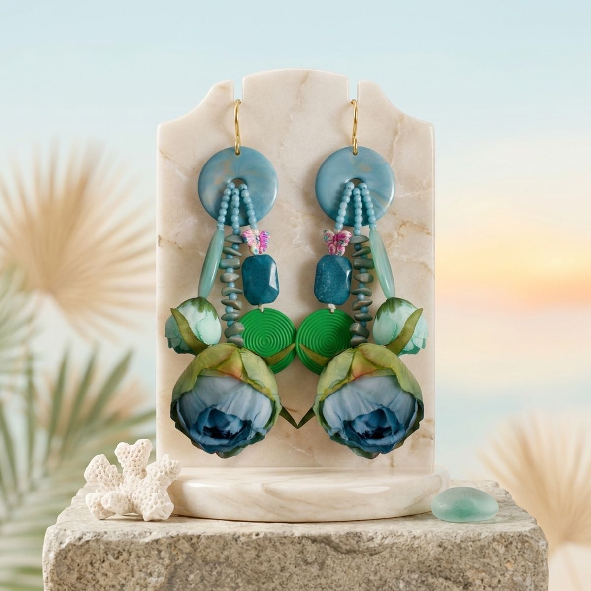 Turquoise & Brown Oversized Tropical Garden Drop Earrings