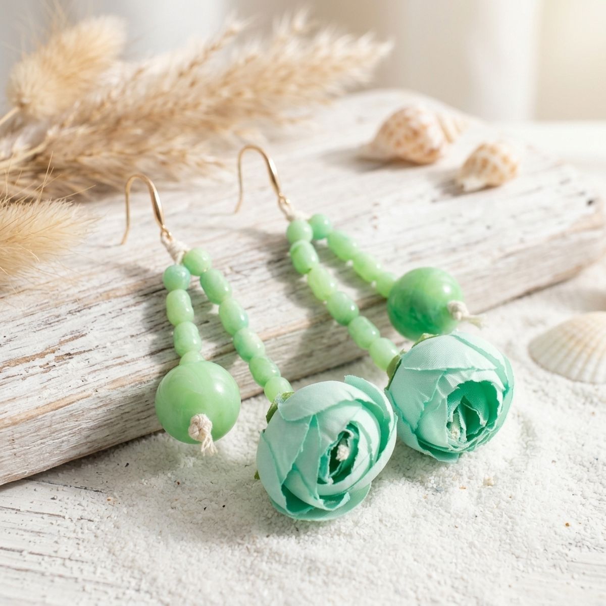 Mint Green Floral Garden Wood Bead Bib Necklace & Earring Set