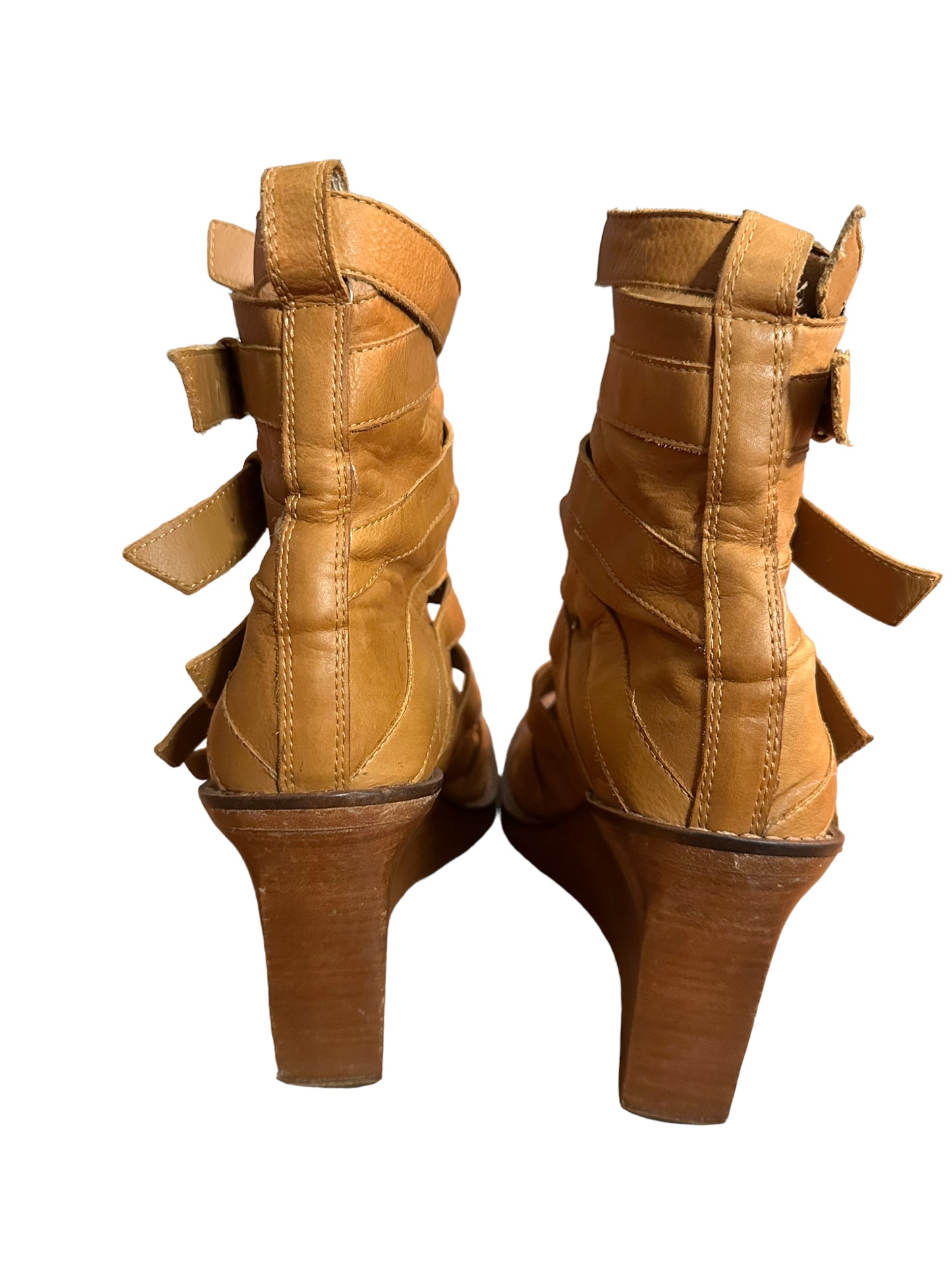 Ann Demeulemeester Camel Leather Strappy Wedges Size 37 (US 6)