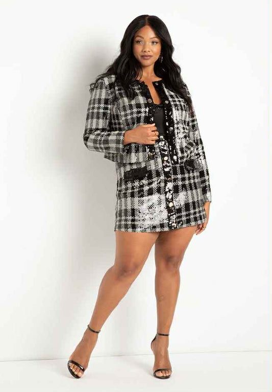 Eloquii Plaid Black White Houndstooth Sequin Mini Skirt Size 14