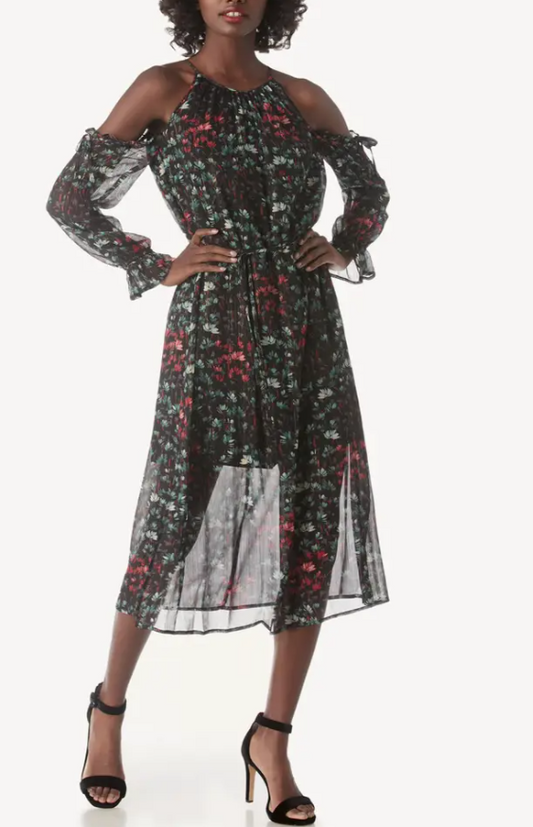 1.State Cut-Out Shoulder Floral Sheer Print Midi Dress Size Medium