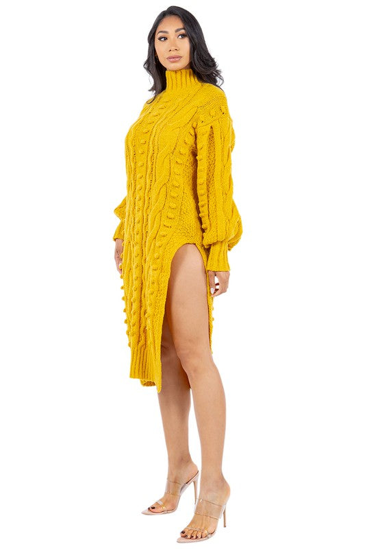 Yellow Side Slit Sweater Dress