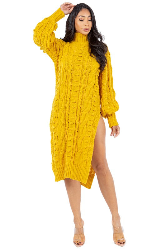 Yellow Side Slit Sweater Dress