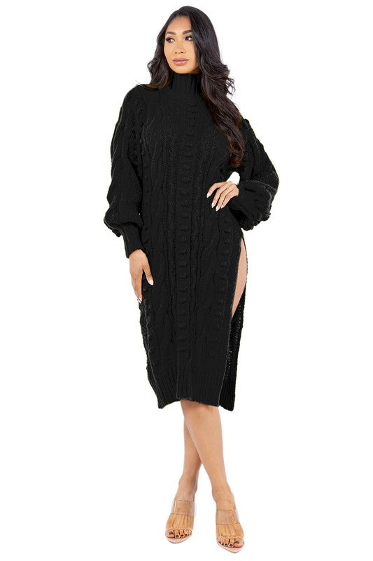 Black Side Slit Sweater Dress