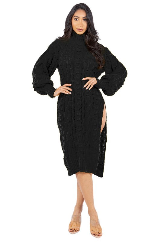 Black Side Slit Sweater Dress