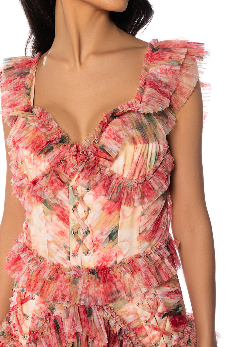 AKIRA Label Daydreamer Floral Pleated Ruffle Mini Dress Size Medium