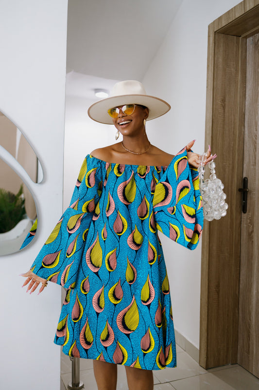 TIYE AFRICAN PRINT OFF SHOULDER DRESS [TEAL]