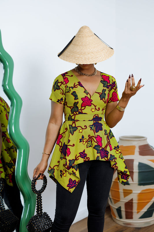 EBUN AFRICAN PRINT ASYMMETRIC PEPLUM TOP [GREEN]