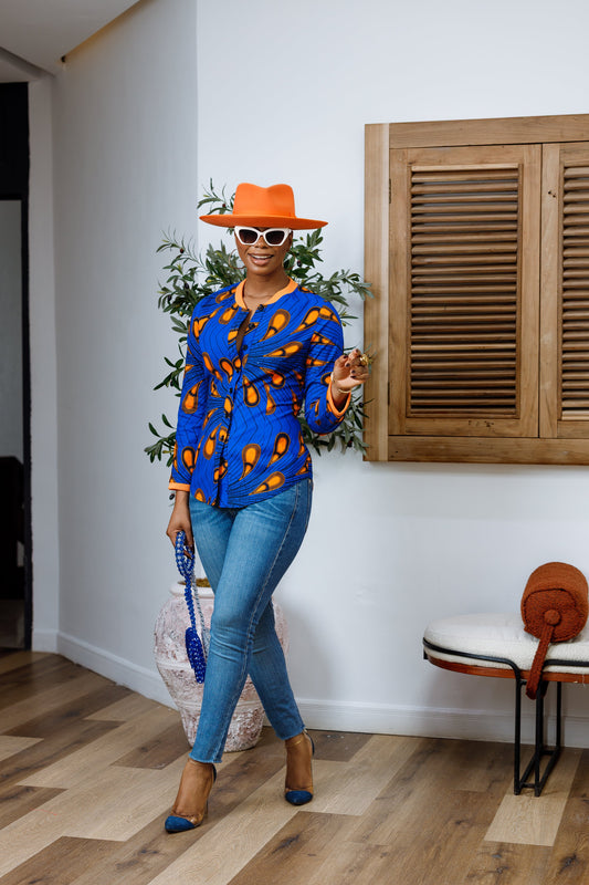 DAMINI AFRICAN PRINT POLO SHIRT [BLUE]----FINAL SALE