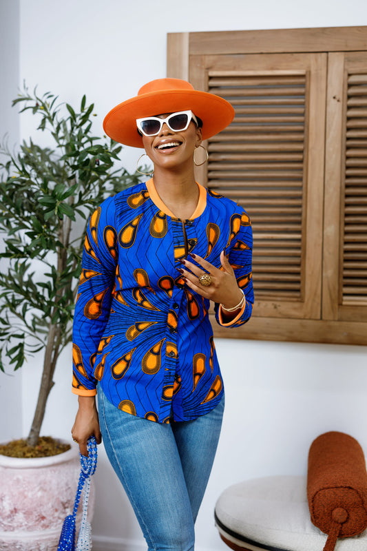 DAMINI AFRICAN PRINT POLO SHIRT [BLUE]----FINAL SALE