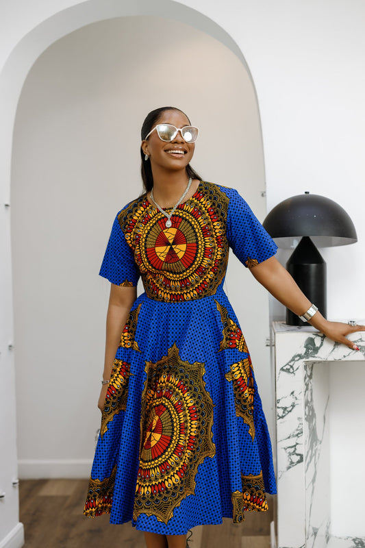 MARIAMA AFRICAN PRINT MIDI DRESS [BLUE]