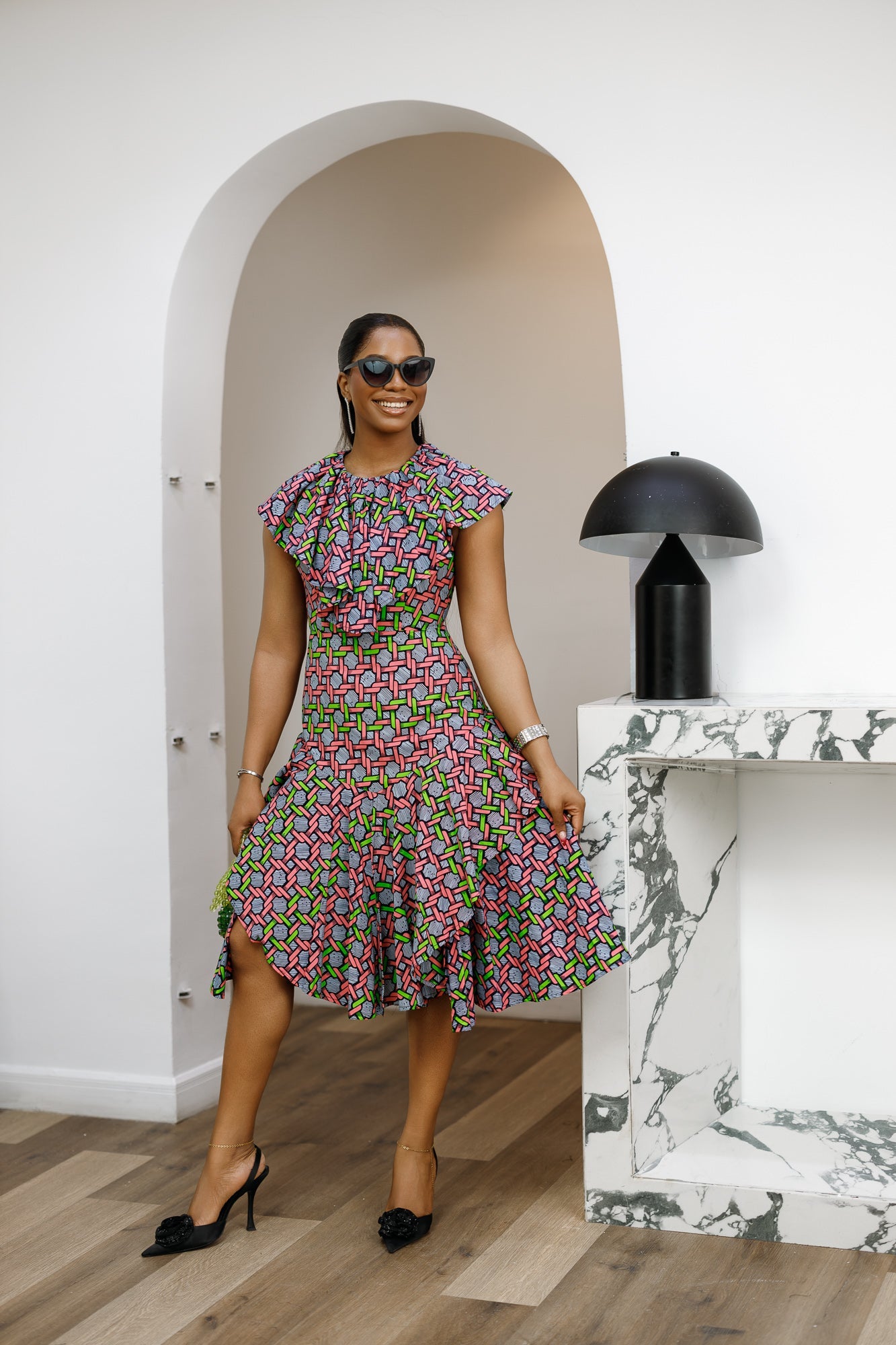 NALA AFRICAN PRINT RUFFLE NECK MIDI DRESS [PINK]