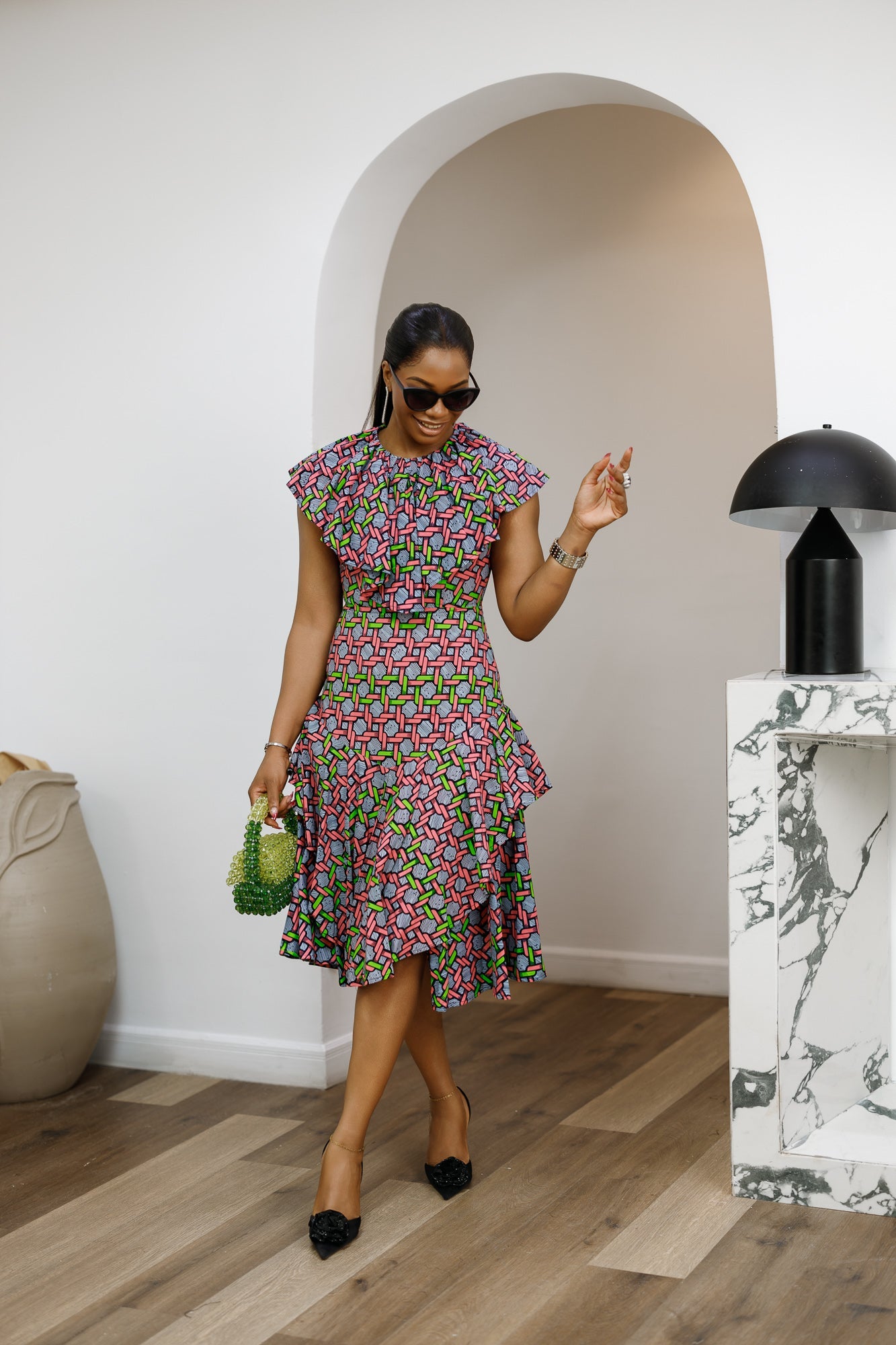 NALA AFRICAN PRINT RUFFLE NECK MIDI DRESS [PINK]