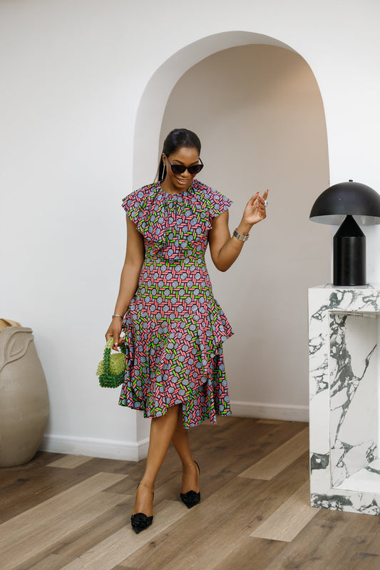 NALA AFRICAN PRINT RUFFLE NECK MIDI DRESS [PINK]