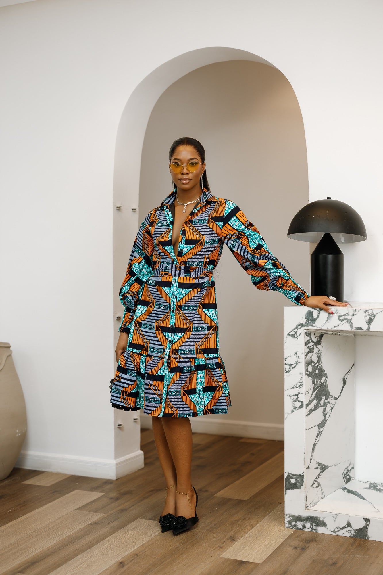 JUMOKE AFRICAN PRINT RUFFLE HEM SHIRT DRESS [MULTICOLOR]