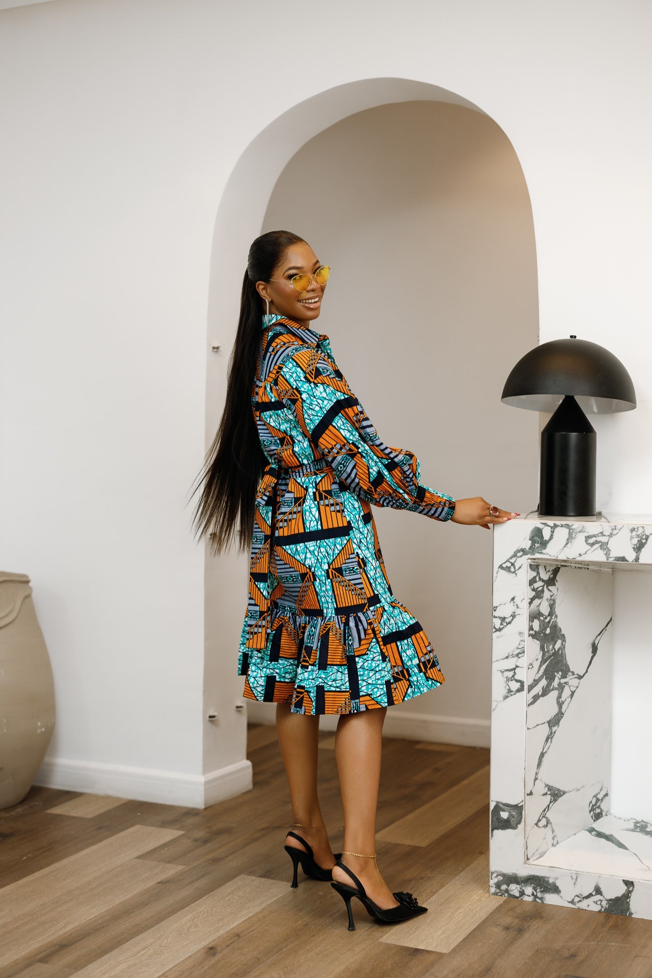 JUMOKE AFRICAN PRINT RUFFLE HEM SHIRT DRESS [MULTICOLOR]