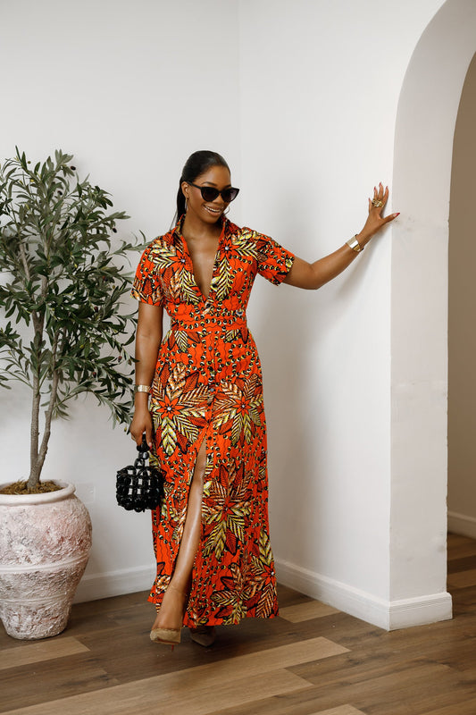 NANNY AFRICAN PRINT MAXI A-LINE SHIRT DRESS [ORANGE]