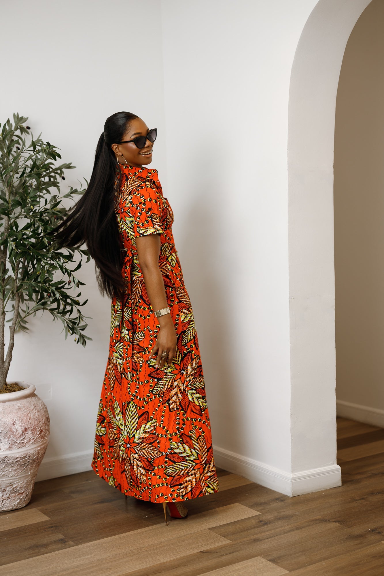 NANNY AFRICAN PRINT MAXI A-LINE SHIRT DRESS [ORANGE]