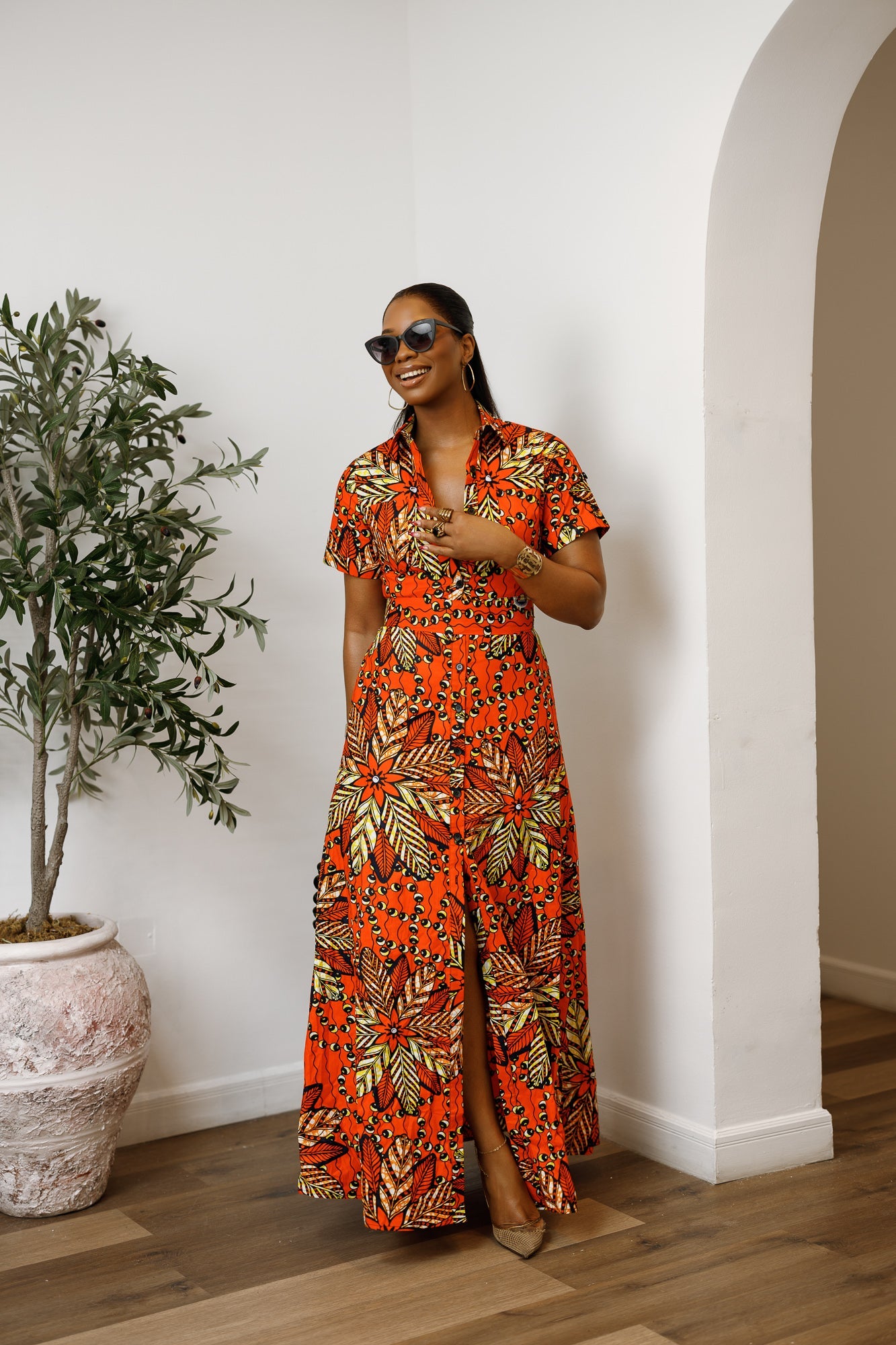 NANNY AFRICAN PRINT MAXI A-LINE SHIRT DRESS [ORANGE]